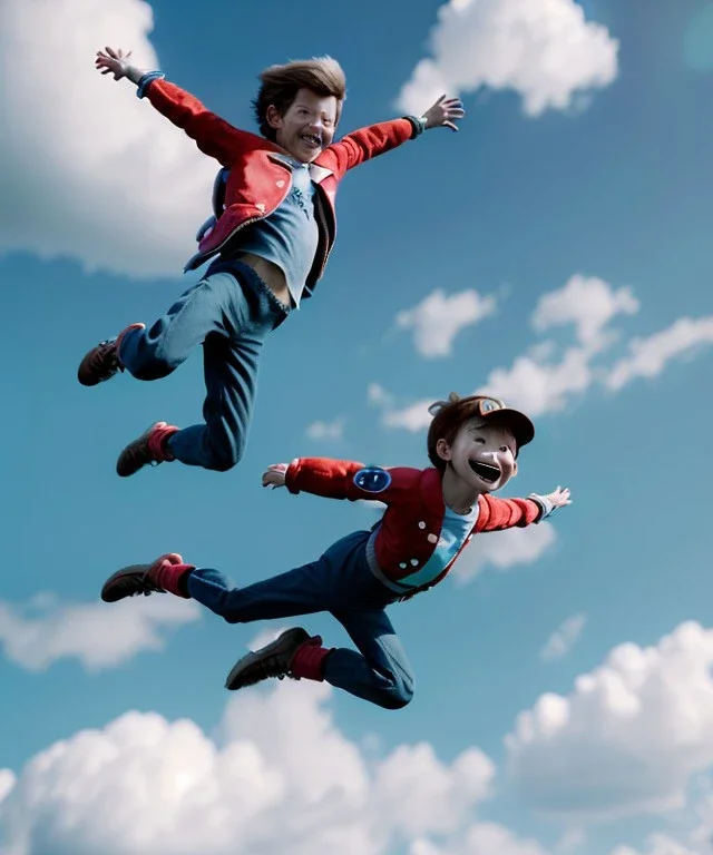 Ultra realistic clouds sky scene, medium shot view, portrait, sweet monster Childs free jumping flying with trinkets, smile, happy, Wes Anderson style, Peter Pan, inflatable color clothing, extreme, wind, clouds sea, 20,000 feet altitude, stratosphere, soft color, highly detailed, unreal engine 5, ray tracing, RTX, lumen lighting, ultra detail, volumetric lighting, 3d, finely drawn, high definition, high resolution.