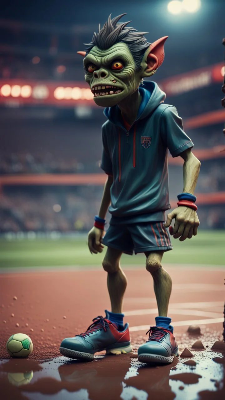 full figure portrait of a giant tennis player vampire werewolf goblin gremlin with soccer boots on wet soil in front of scary court, in the style of Gorillaz,bokeh like f/0.8, tilt-shift lens 8k, high detail, smooth render, down-light, unreal engine, prize winning