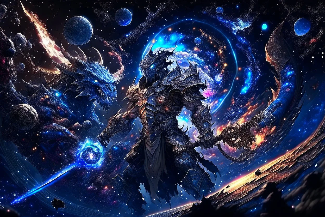 photorealistic gigantic marauder space aztec warrior made of stars and sparks battling a nightmarish dragon, galactic multiverse, infinity vanishing point, gigantic exoplanet quasar thunderstorm