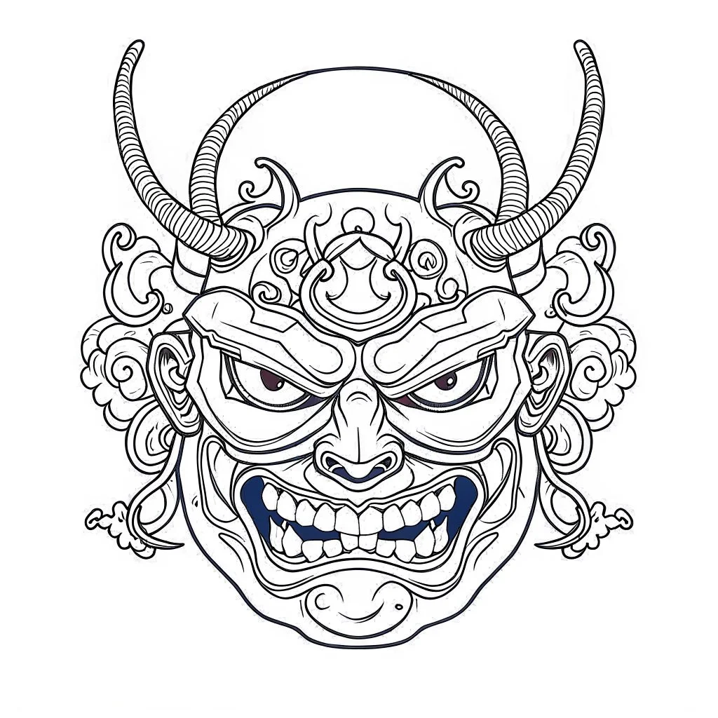 White, minimalis line art , oni mask japanes scarry, vector, white background, outline, with images neatly contained within the background, just black and white color,