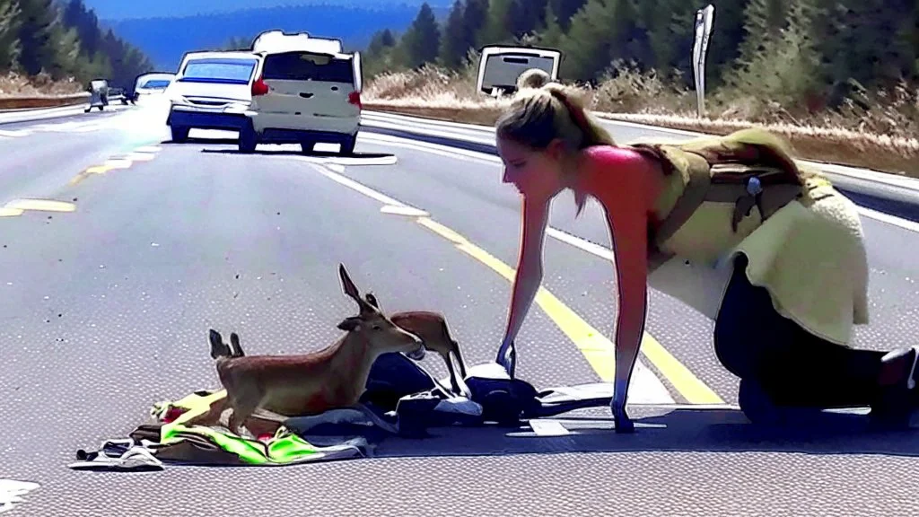 lady giving CPR to injured deer on highway I90