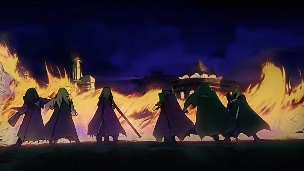 Adventurer party of four people, standing before a dark castle