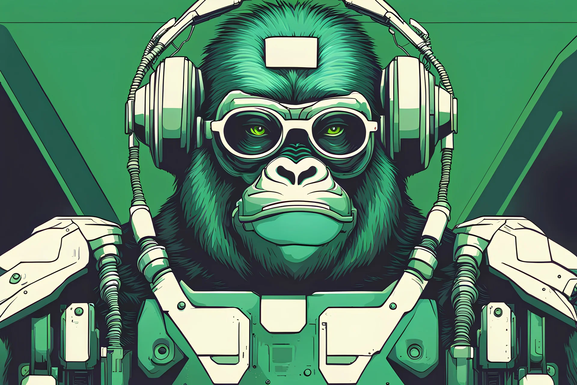 futuristic vector illustration of a full-body robotic gorilla with glasses and technical elements in green-blue colours