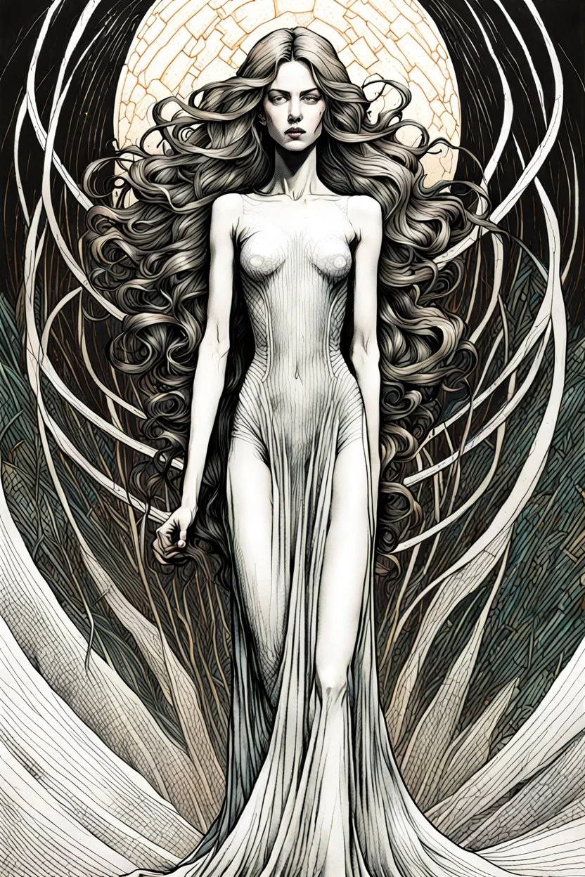 create a deeply horrific, ethereal, darkly magical full body illustration of an epic banshee with highly detailed and deeply cut facial features, in the style of EDWARD BURNE-JONES, WILLIAM MORRIS, and KATHE KOLLWITZ combined with the comic art style of BILL SIENKIEWICZ and JEAN GIRAUD MOEBIUS, searing lines and forceful strokes, precisely drawn, inked, and darkly colored