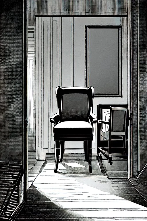 chair in the middle of an empty room, grayscale