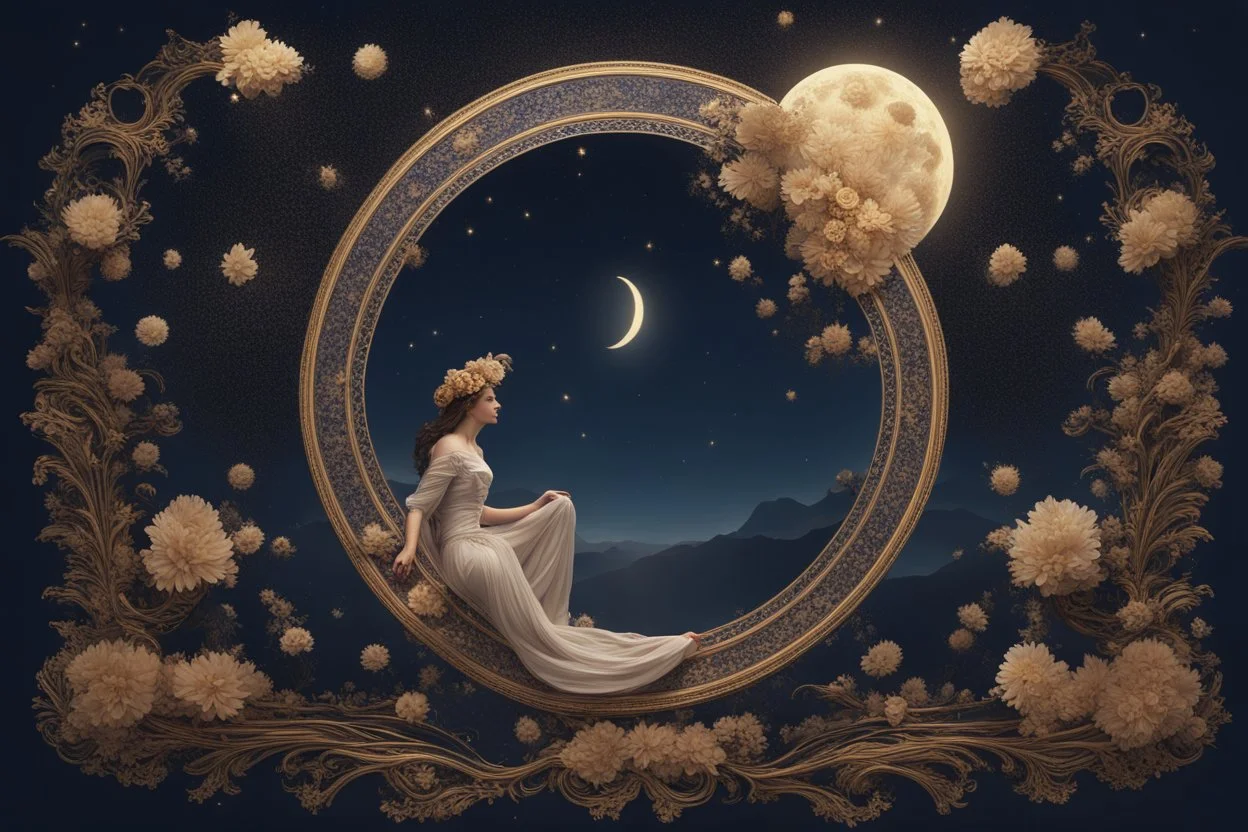 sky in a starry night with glowing meteor showers, ascension of a woman in flower crown decomposing and dissolving into moon, dark - blue black gold beige saturated, ornate baroque rococo art nouveau intricate detail, 3 d specular lighting, cinematic