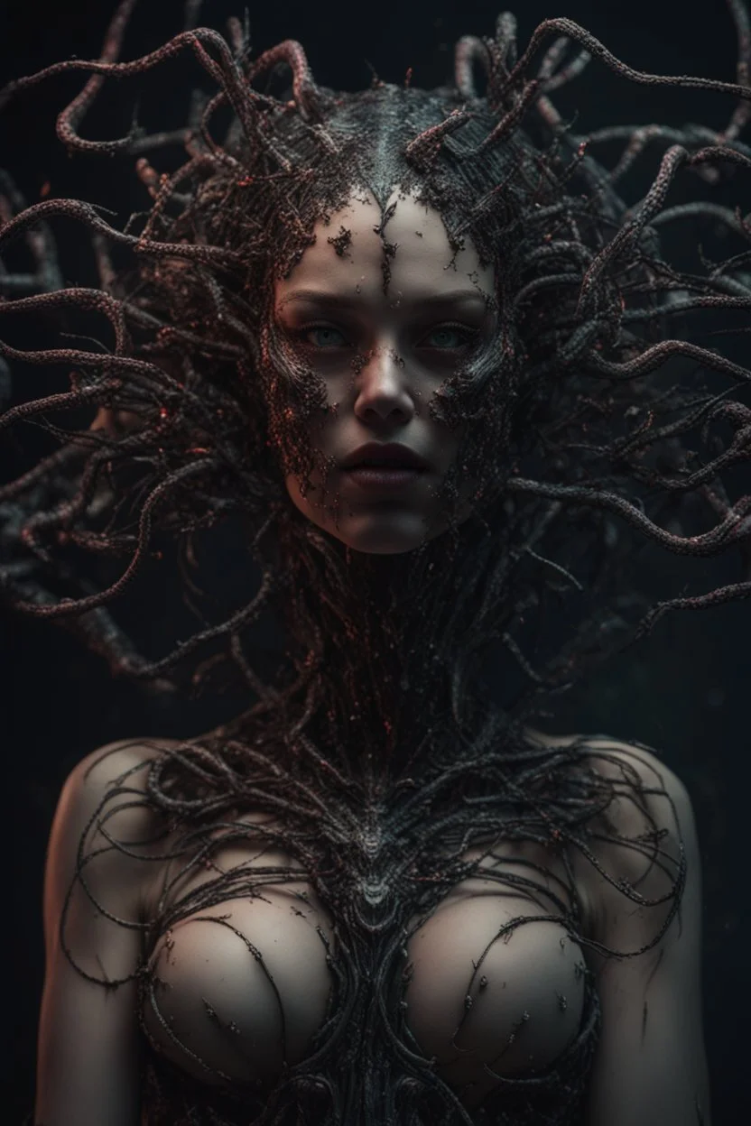 Demon girl, fullbody, creepy, horrifying, sinister, many worms connected to the head, sparks around her, sparks cybernetic, intricate, 8k, macro photography,