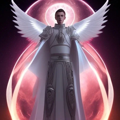 the main character. He’s to look like a powerful angel with white robe, symbols on hands glowing, His background should be that of space above with stars and standing on a paradise of a planet. His belt can transform into a white dragon.