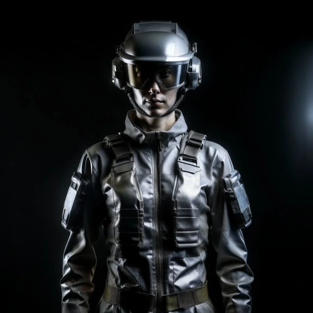 Full body soldier with Face of Hi tech futuristic soldier cyborg with enhanced vision, wearing sleek, metallic headgear reminiscent of Google's Project Glass in Laboratorium Computers