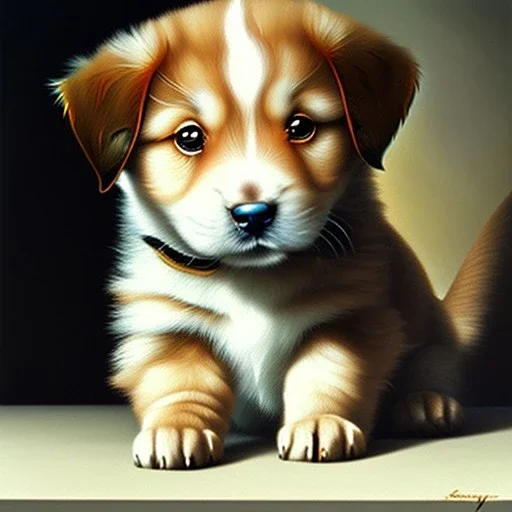 puppy, Oil painting, high quality, masterpiece, Carl Schwenninger II, dark colors