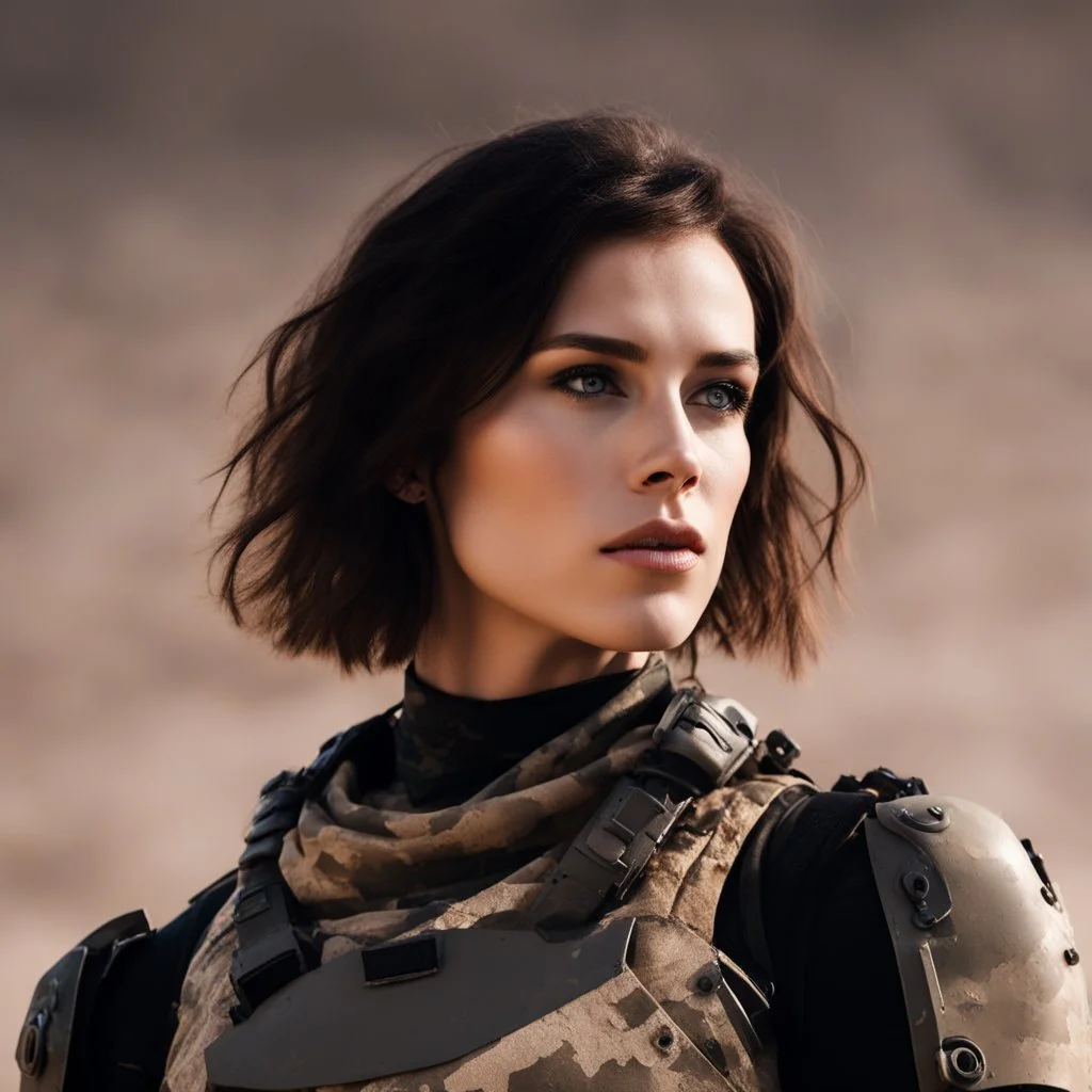 beautiful sexy caucasian female soldier, black metal body and limbs, visible cybernetic limbs, scratched sand camo, no armor, short brunette wavy bob haircut, dystopian, desert scene