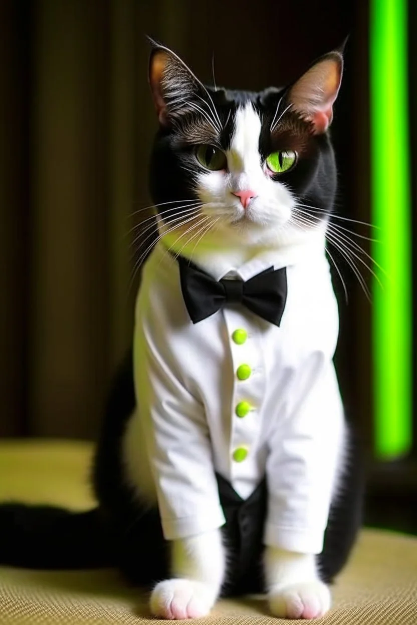 very cute white cat wearing a black wedding suit