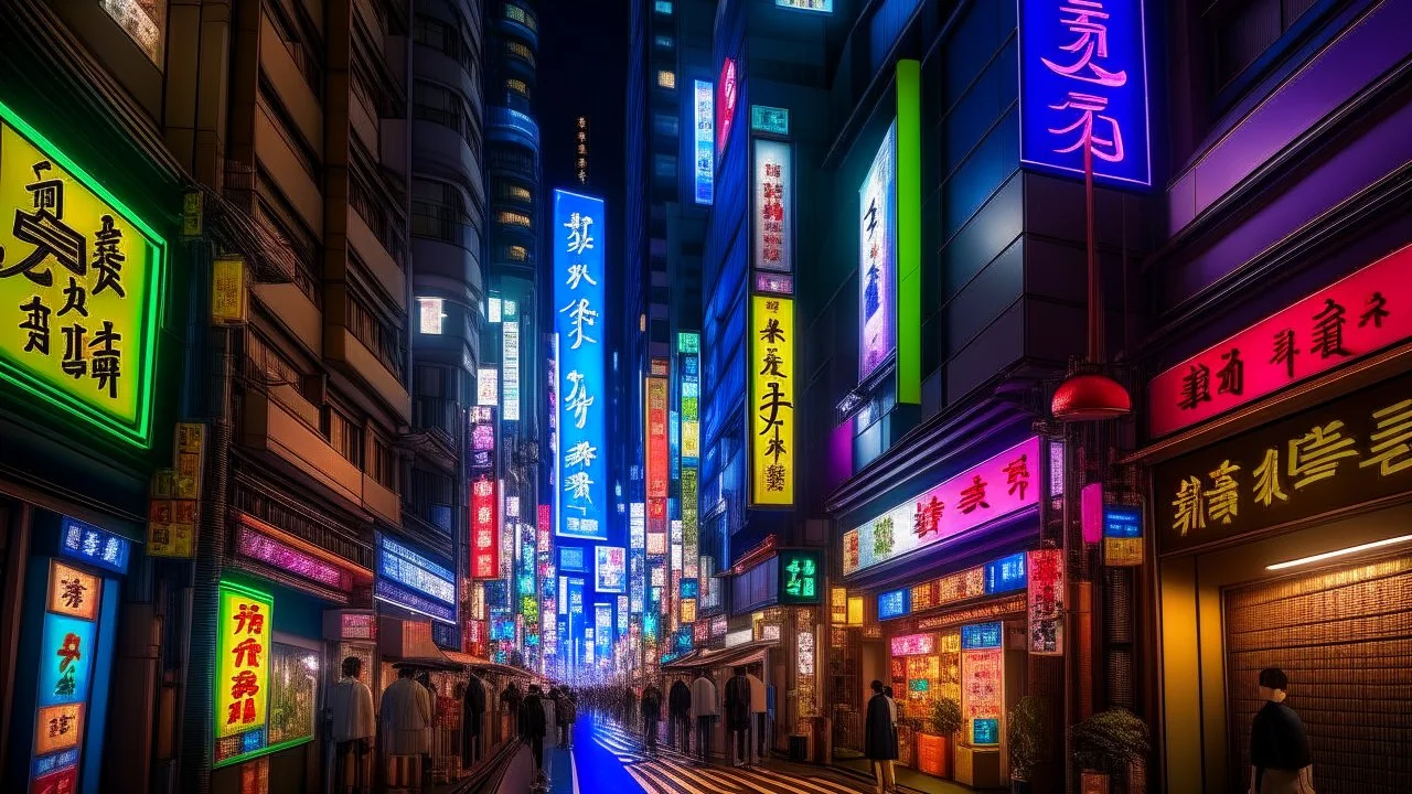 a captivating night scene of a bustling Japanese street with vibrant neon lights, inspired by Tokyo's famous Shibuya district, with a mix of traditional and modern elements, cinematic atmosphere, dynamic lighting, and detailed architectural features –ar 16:9