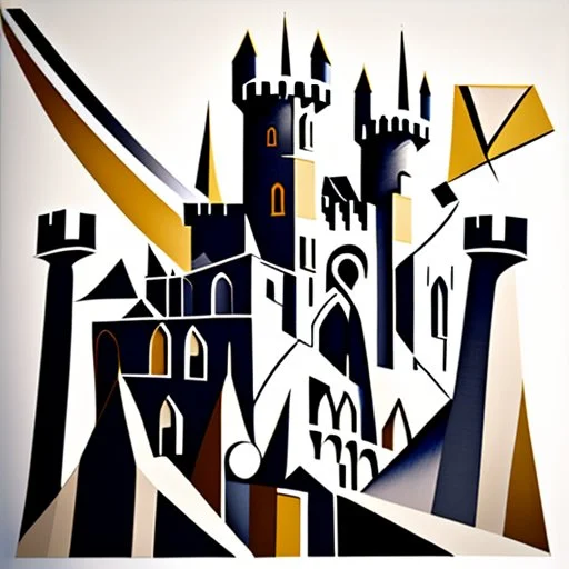 An abstract geometric painting depicting a landscape of an ancient medieval city with castles, towers, churches, vaults, culverts and bells in a very stylized and cubist way. The composition consists of various shapes, forms and geometric elements arranged to create the impression of buildings, structures and architectural elements in an urban landscape. The shapes and forms used in the painting are a combination of straight lines, angles, curves and circles, creating a sense of rhythm and mo