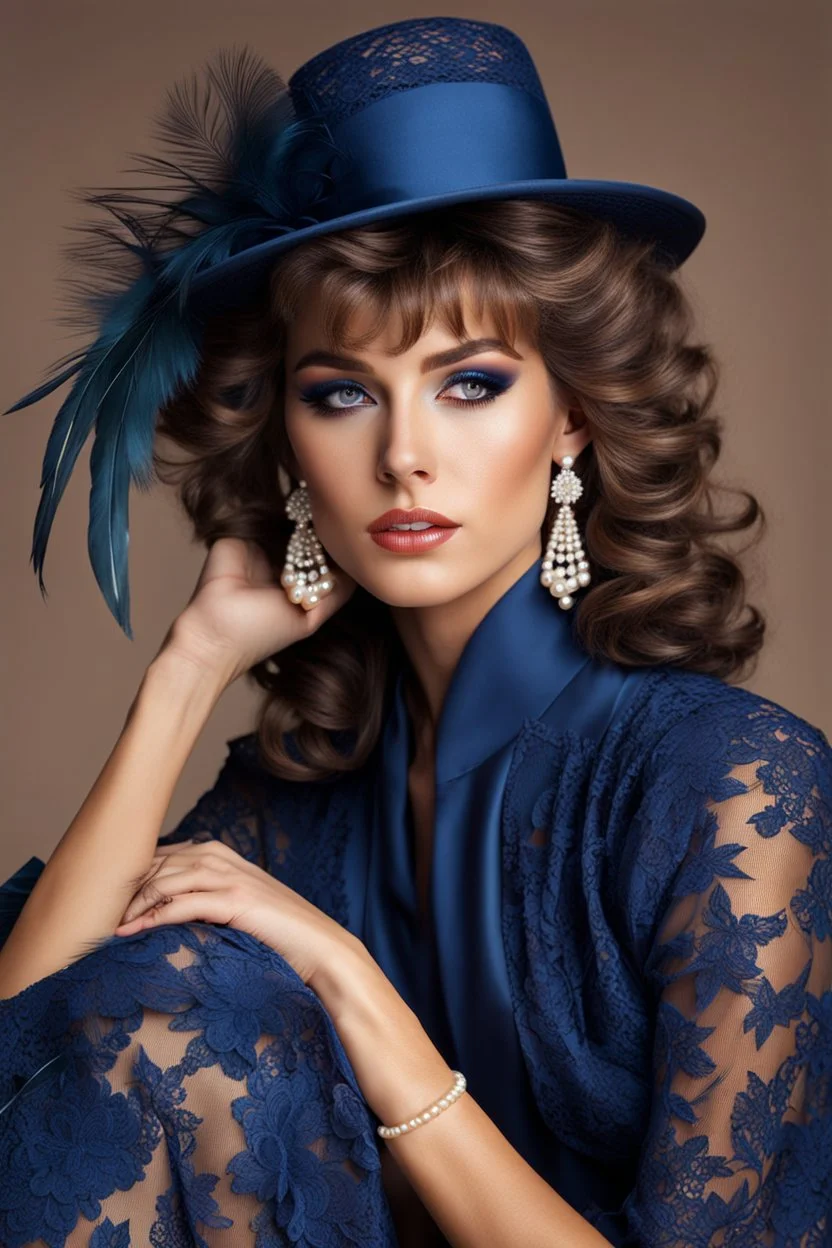 full body beautiful girl, elegant blue lace clothes of the 80s, luxury style, small elegant hat with feather, hair of the 80s, pearl necklace, earrings masterful, beautiful face