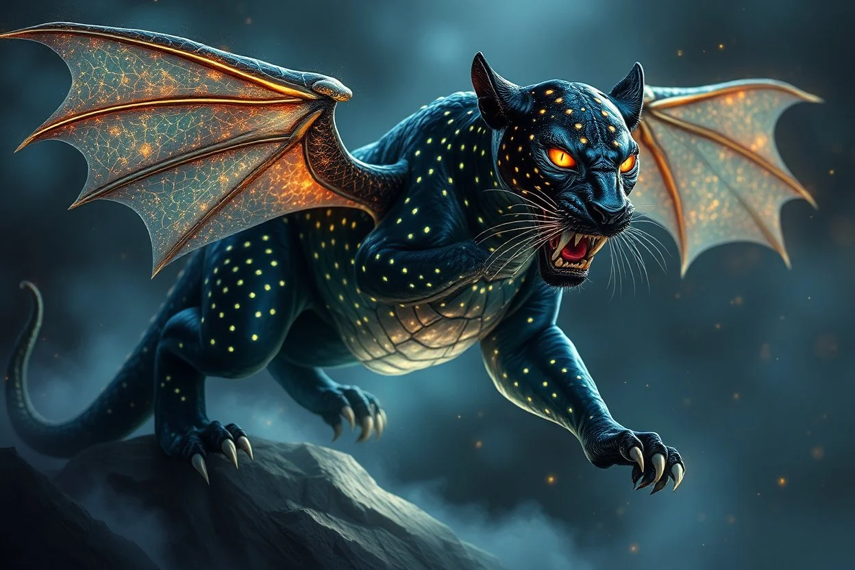 A panther with shimmering dragon scary ,cool wings