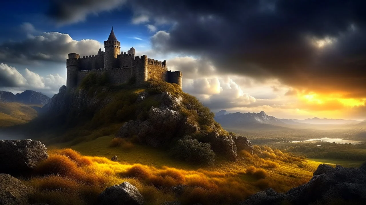 Photorealistic ruined castle in the distance overlooking a valley, on a cliff top, warm-toned stormy clouds