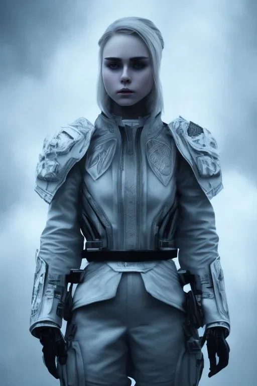 All Black AnnaSophia Robb soldier, ghost, wearing high tech mask, white smoke, dark, rage, sorrow, high definition, ultra 8 k, volumetric lighting, blue fire, fog