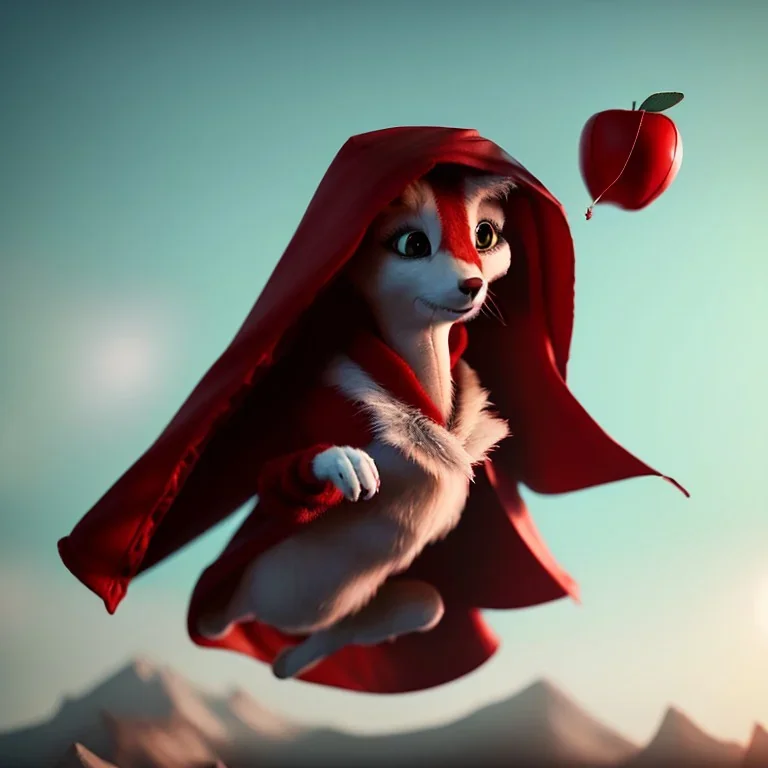 Red Riding Hood looks up to the sky while eating an apple on a balloon.