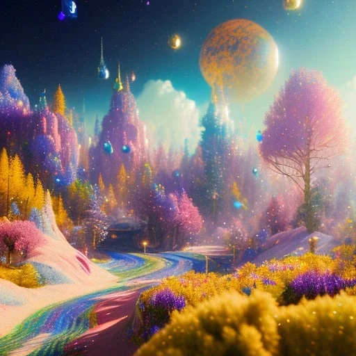 blue gold and violet landscape with multicolored crystals falling from the sky, full of details, smooth, bright sunshine，soft light atmosphere, light effect，vaporwave colorful, concept art, smooth, extremely sharp detail, finely tuned detail, ultra high definition, 8 k, unreal engine 5, ultra sharp focus