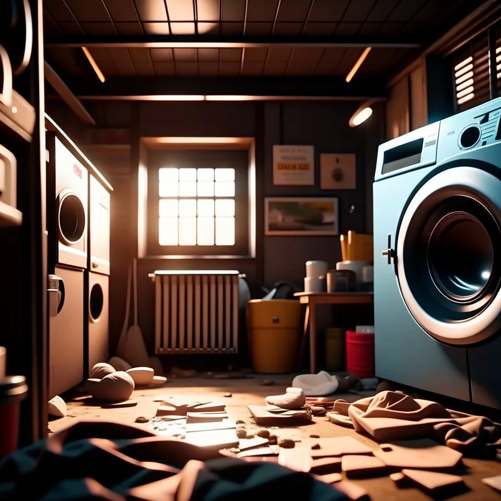 Wide angle environmental shot of coin spitting washing machine in a cluttered and messy shack, chaotic shack in background. vibrant, photo realistic, realistic, dramatic, dark, sharp focus, 8k.