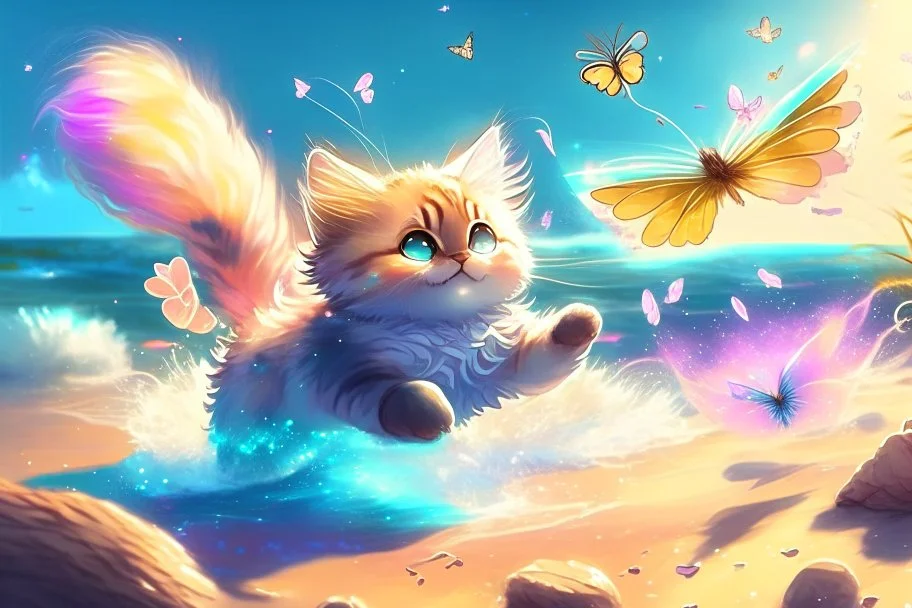 cute chibi fluffy beige bioluminescent cat playing with colorful flying butterflies dynamic movements next to the sea in a tropical paradise in sunshine