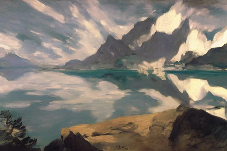 clouds, mountains, lake, lake reflections, rocks, edouard manet and otto pippel painting