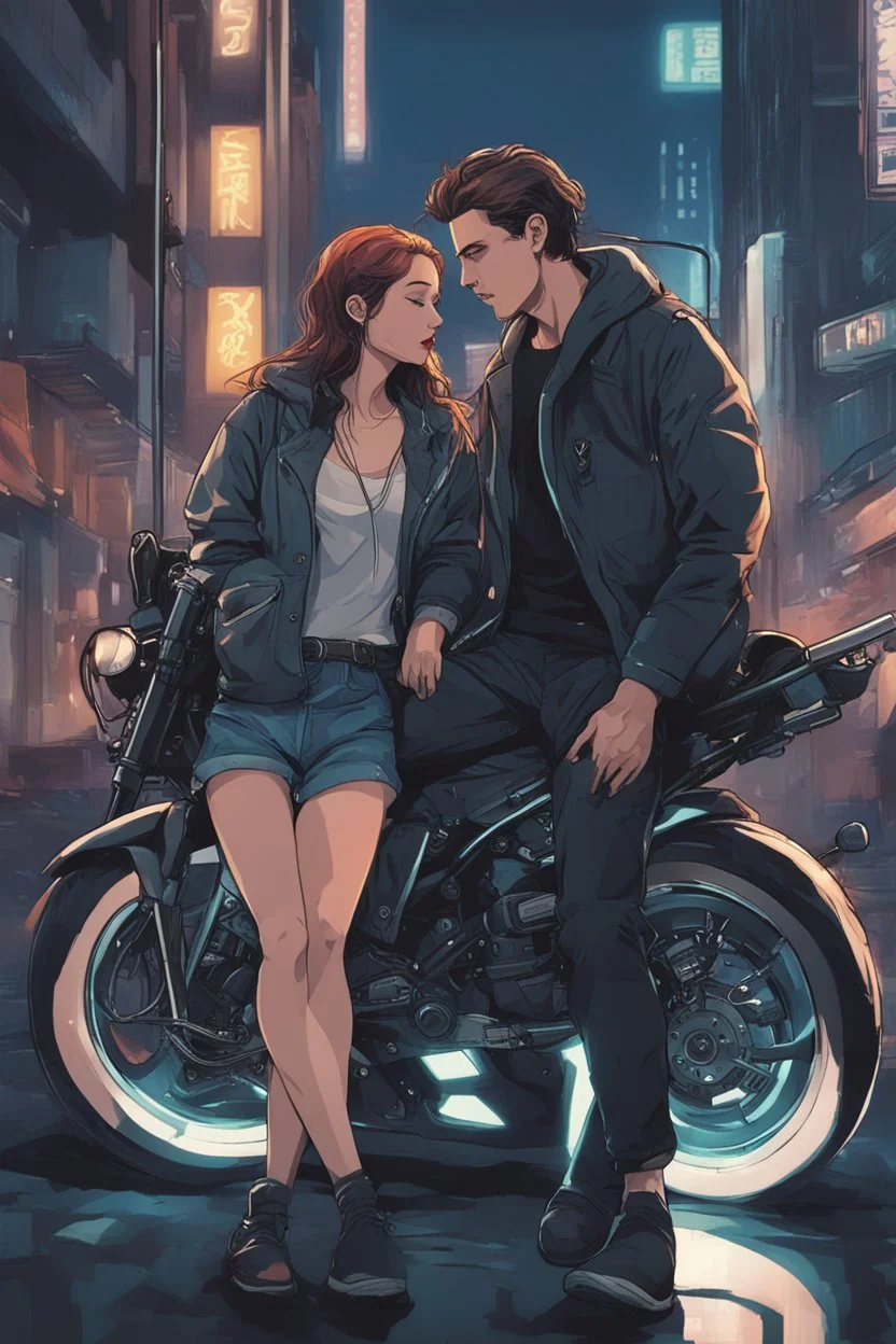 Science fiction, cyberpunk, city street, couple girl and guy, together, love at first sight, summer night, riding motorcycle