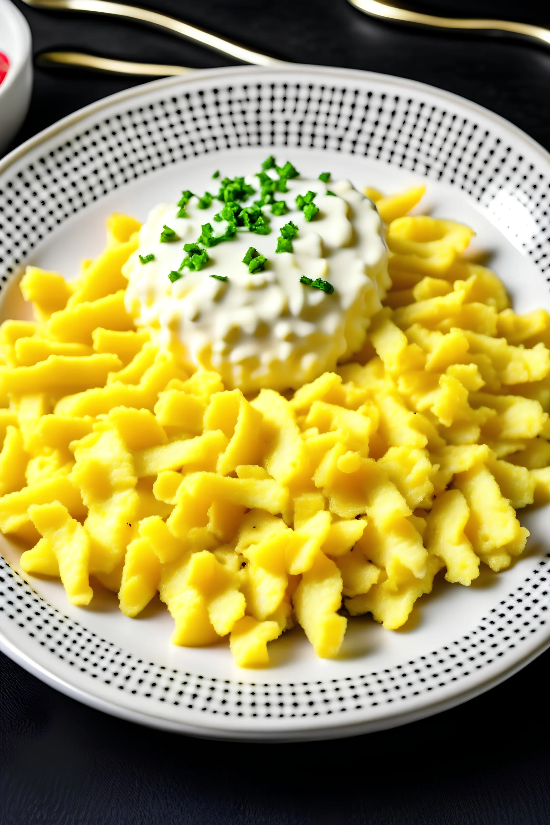 mashed potatoes in the middle on a plate with potato chips one the side and French fries on the side and spoon