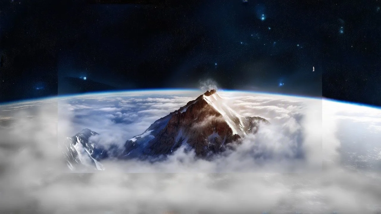 breathtaking, surreal landscape featuring a colossal, jagged mountain peak with patches of snow and ice, dramatically rising above a swirling sea of fluffy white clouds. The mountain should be the focal point, its rocky surface illuminated by a soft, golden light as if kissed by the first rays of dawn or the last glow of twilight. Surrounding the peak, the clouds should appear dense yet ethereal, with wisps of mist curling around the mountain's base, creating a sense of elevation
