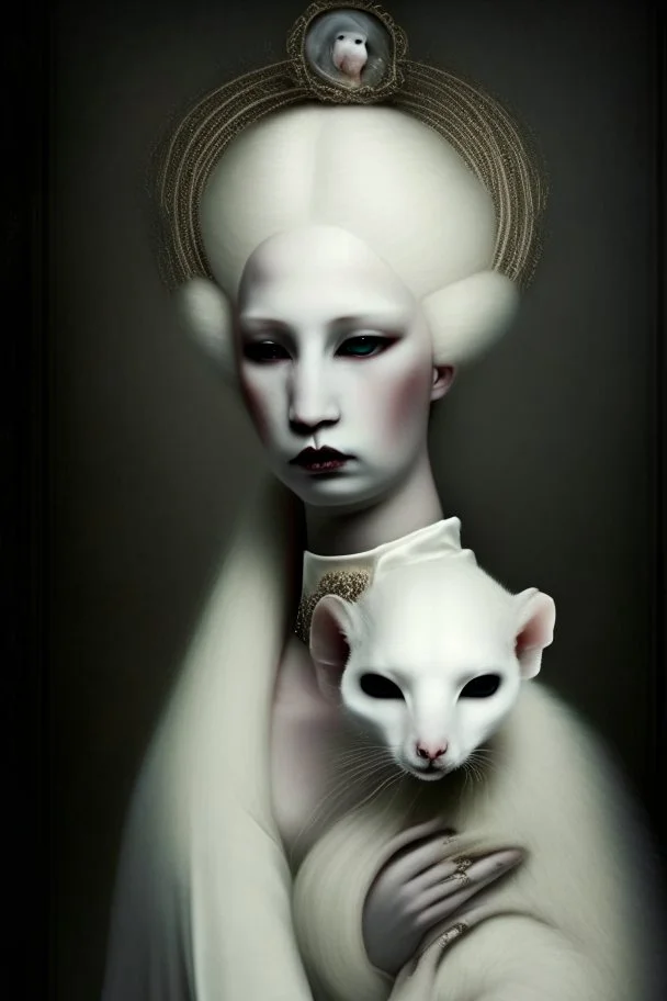 lady ermine with ermine-head, albino, bizarre, surreal, darkmood by natalie shau