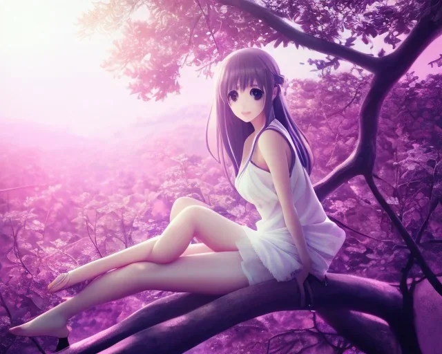 a detailed illustration of a anime girl sitting on a tree branch, luminescent body, glinting spread wings, realistic, soft and smooth glowing wings, soft feathers, macro lens, sharp focus, meticulously detailed, soft studio lighting, smooth blurred gradient evening sky background, 64k