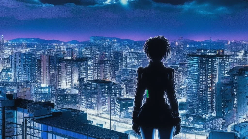 Clear Focus, High resolution, Beautiful girl standing backwards to a Cyberpunk skyline, comic style