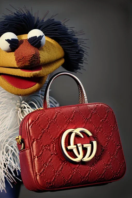 Gucci bag muppet, retro style, photo studio, unreal engine 5, god lights, ray tracing, RTX, lumen lighting, ultra detail, volumetric lighting, 3d.