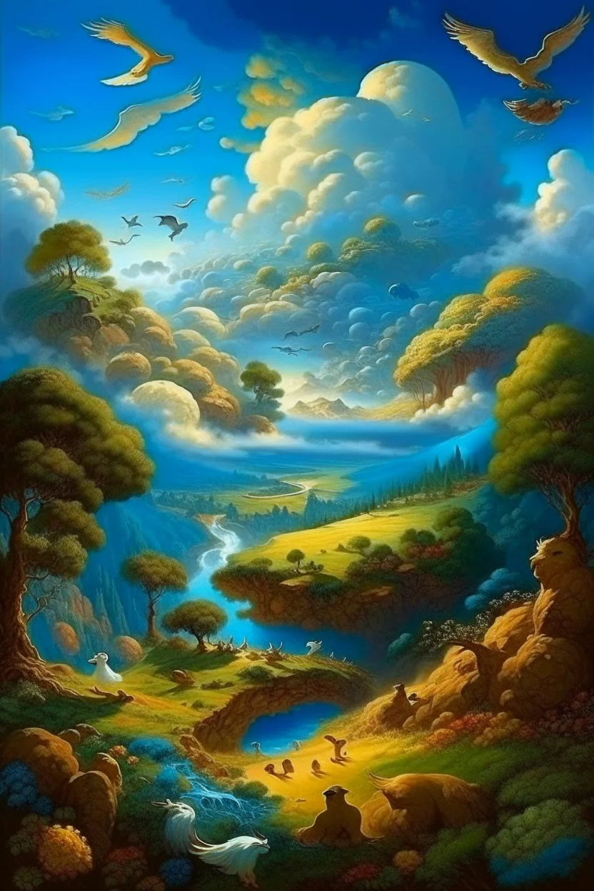 The creation of the world by God. In front of us is a valley with a beautiful landscape, where beautiful animals roam, beautiful birds fly in the sky, beautiful clouds and God in the clouds