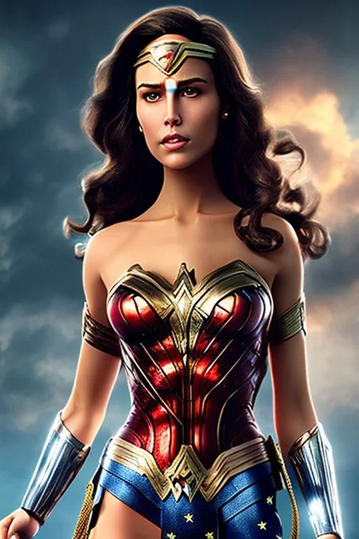 Portrait lady, full body shot, full-color long shot, style of Wonder Woman, skin-tight