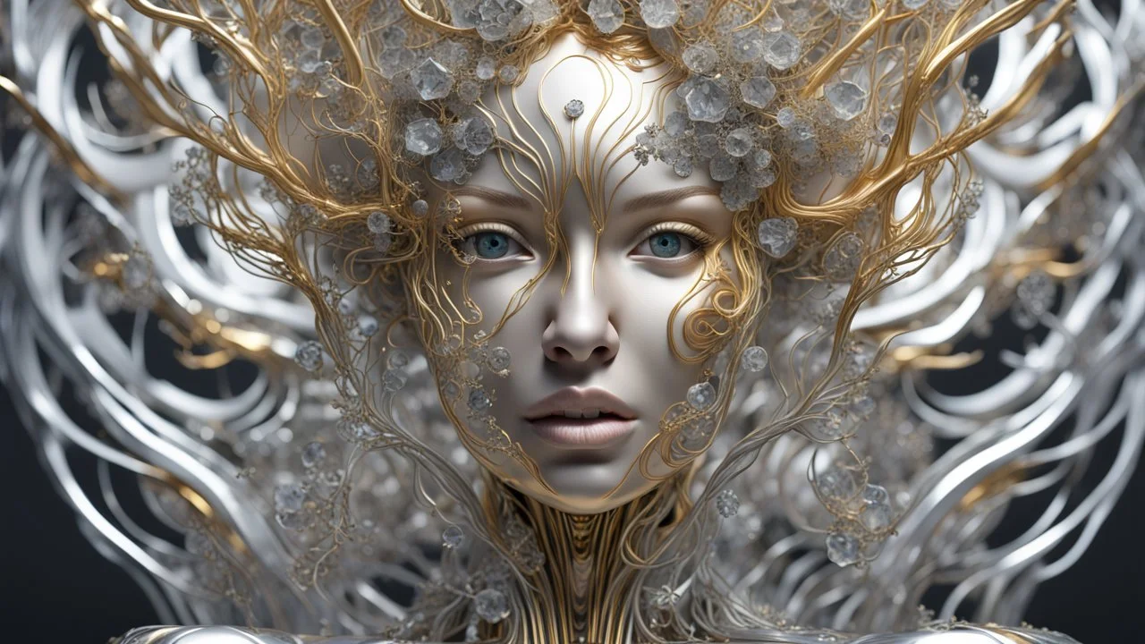 figure of a woman, art from the "art of control" collection by Jasper Harvey, in the style of futuristic optics, silver and gold, flower, bird, plant branches, detailed facial features, swirling vortices, 8k 3d, bizarre cyborgs made of crystals, high detail, high resolution, 8K