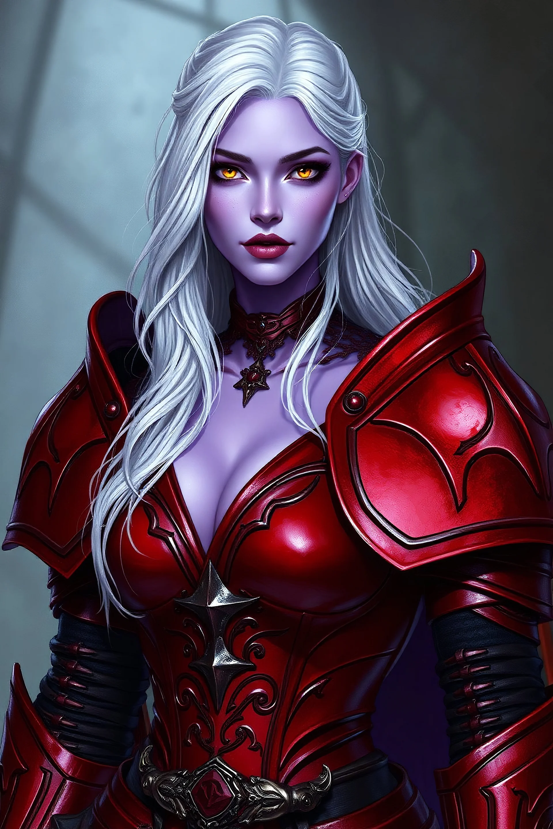 Please generate a beautiful woman vampire knight for D&D. She should have purple white skin. Her hair is white. SHe should be in her mid-30s. SHe wears an heavy red armor with a plunging neckline. She have yellow eyes.