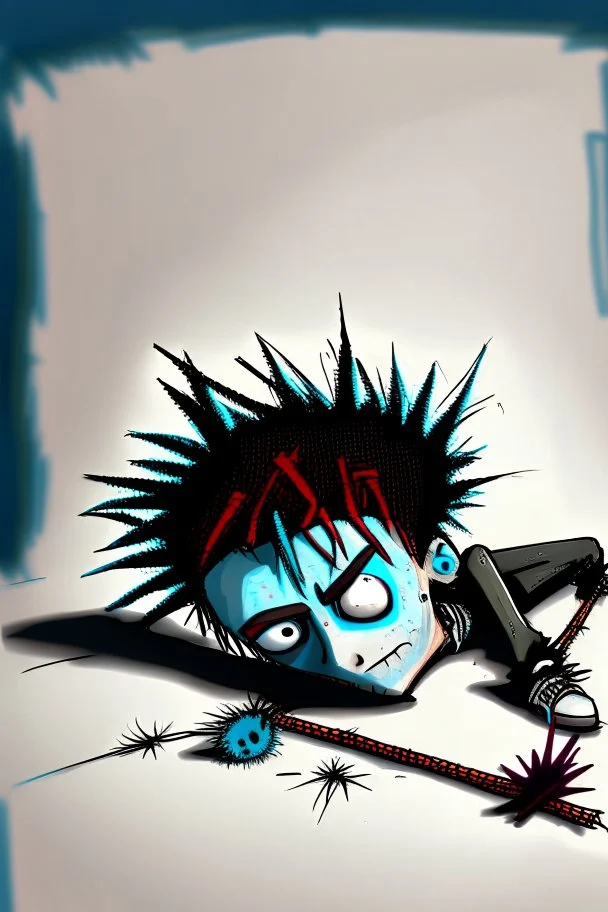 2d drawing of a stickman, cool with punk hair, x eyes like in hangman, laying down flat on somach, 3d realistic in colour