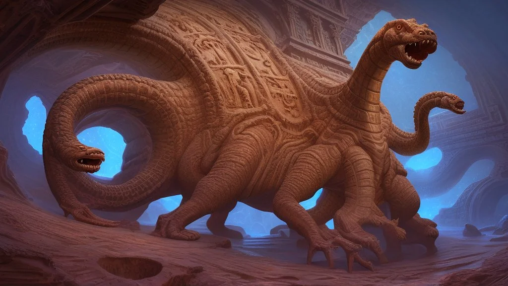 photorealistic strange paleozoic hydra 3-foot "dimensional portal made of subatomic particles" in a gigantic Neanderthal jeweled palace hyeroglyphs on the walls, thunderbolt storm