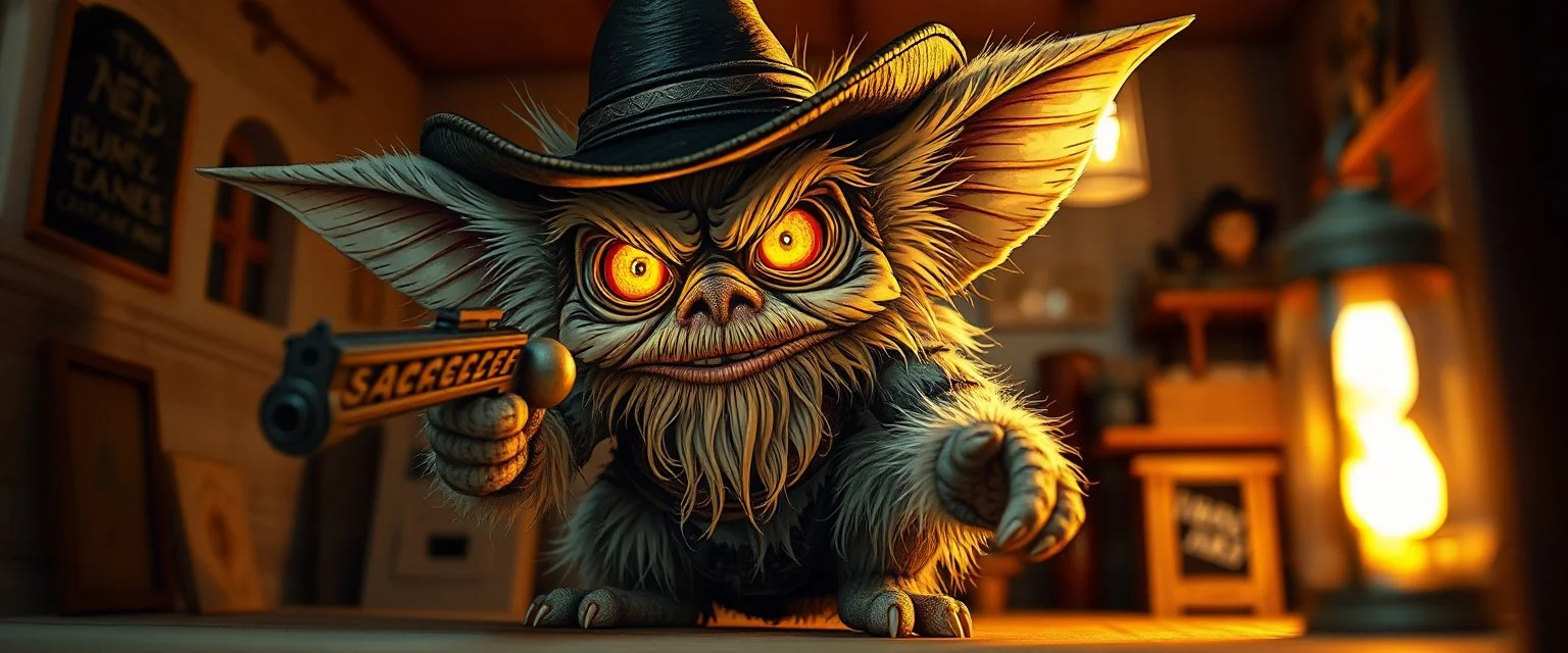 air brush 3d with pen outline,spaghetti boss gunslinger western fluffy elder gremlin edgy hero with glowing eyes, shallow depth of field, warm lantern, pin hole cam in doll house, bottom floor board edge border