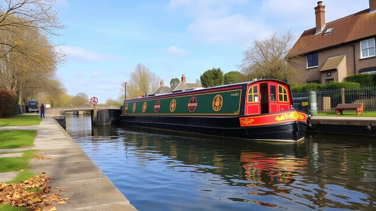 Historic traditional English canal barge, long boat on an English canal. The boat is beautifully painted in an ornate, colourful traditional style. It is approaching a canal lock. Award-winning colour photograph.