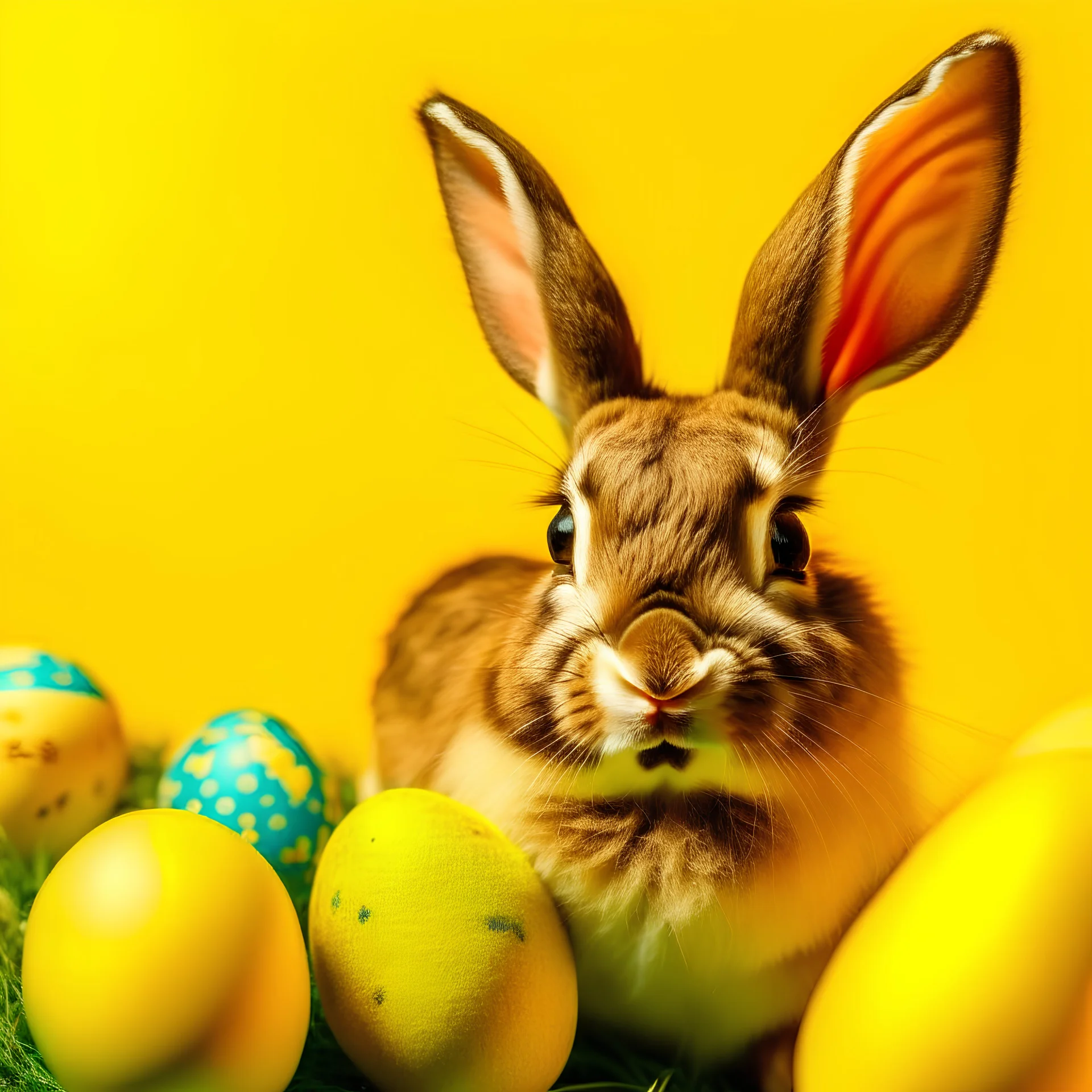 an old male fawn smiling, with an a lot of easter decoration with a yellow background