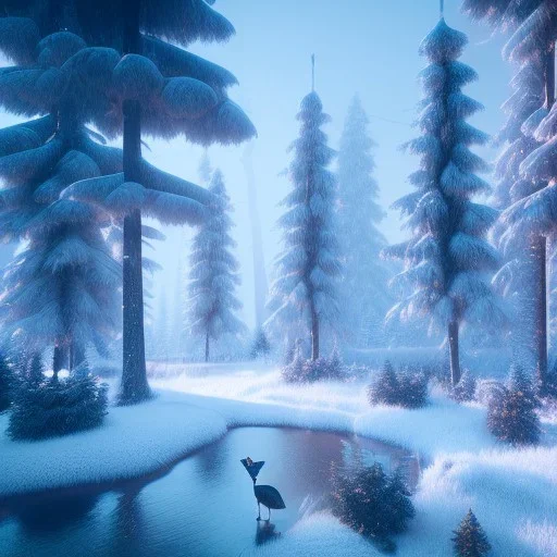 Forest ice winter, bridge birds,live house, deer, unreal engine 5, octane render