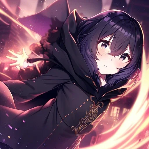 floating in air, backflip,{{anime}}, detailed beautiful short hair,{{fluffy hair}}, delicate and intricate hair, black loose raincoat with hood, purple and black eyes, blush, beautiful detailed eyes, {beautiful face}, cinematic light,{masterpiece}, beauiful illustration, offical art, upanime