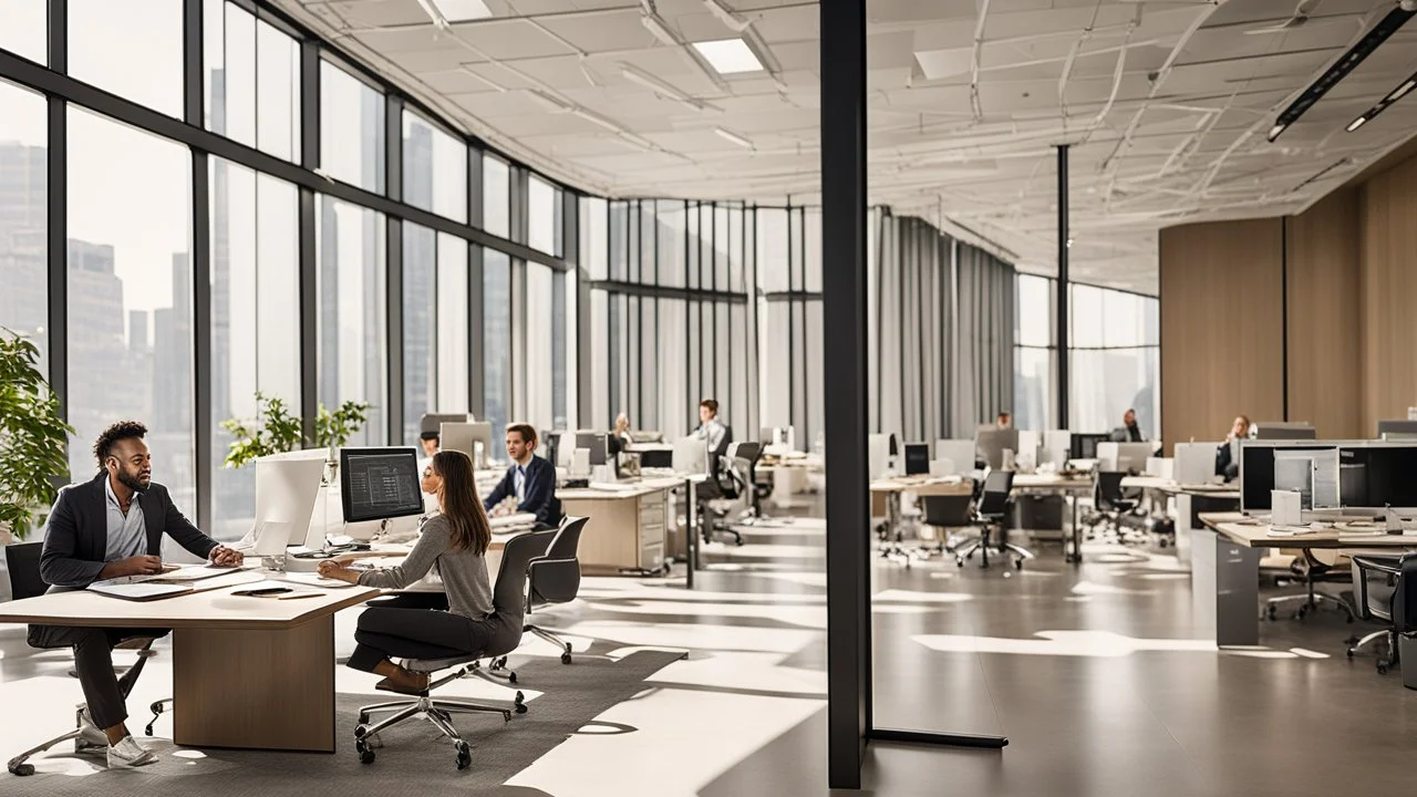 Certainly, here is a more detailed description of the ideal image for the article about "Successful Recruitment Strategies in the Business World" in English: The image features a well-lit, modern office space with large windows that provide ample natural light. The room is filled with a diverse group of employees who are engaged in various activities that reflect a dynamic work environment. In the foreground, a conference table is visible, where a team of professionals is gathered for a recruit