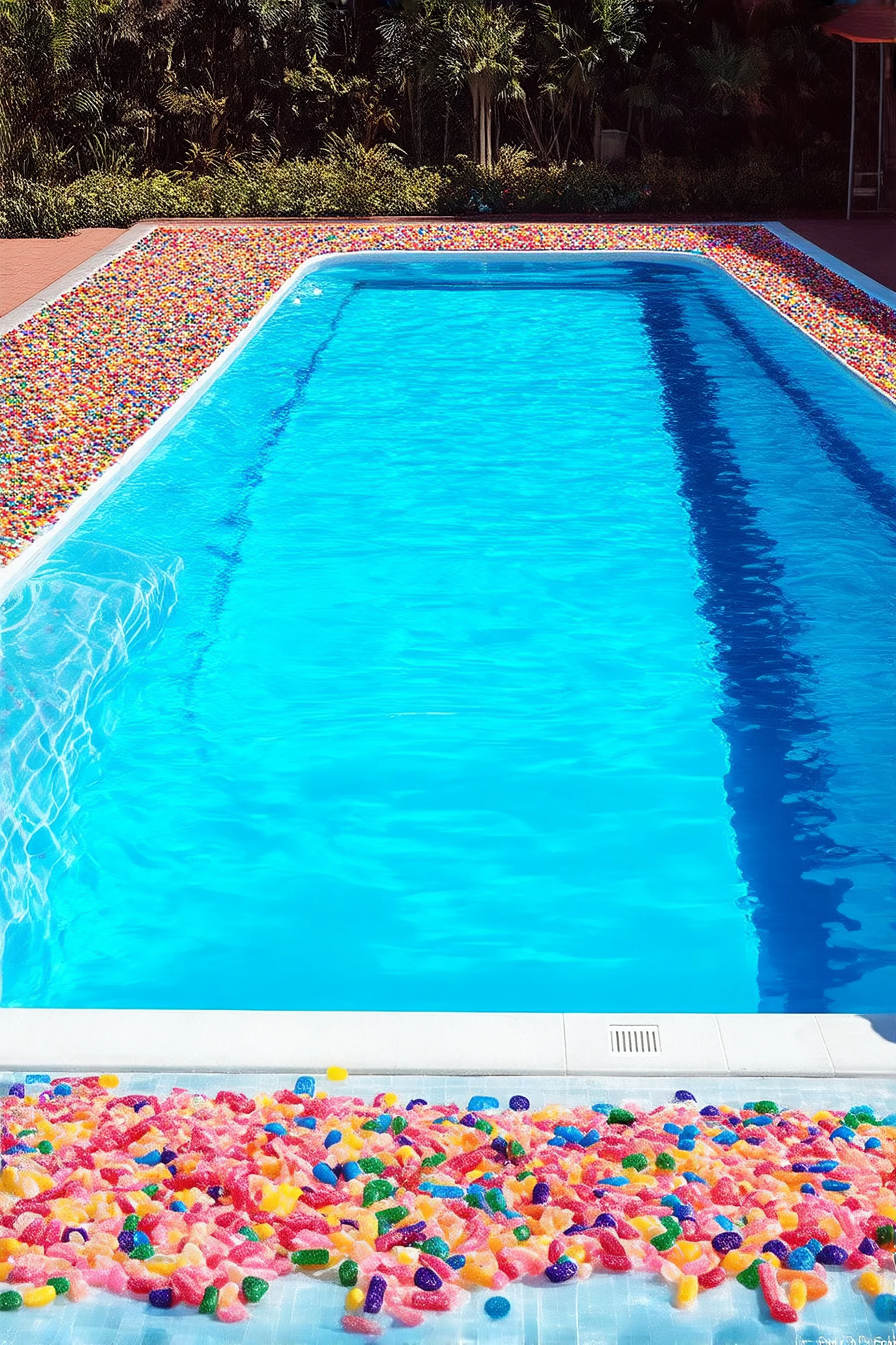 a liminal, abadoned swimming pool made of candy, gloomy