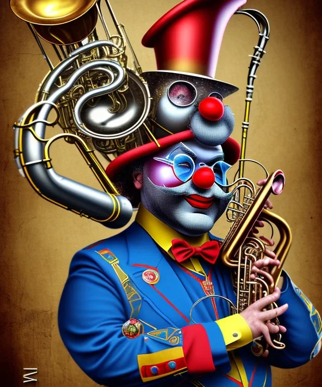 mechanoid old friendly fat clown with trimmed beard playing jazz with a steampunk theme, trumpet, realistic