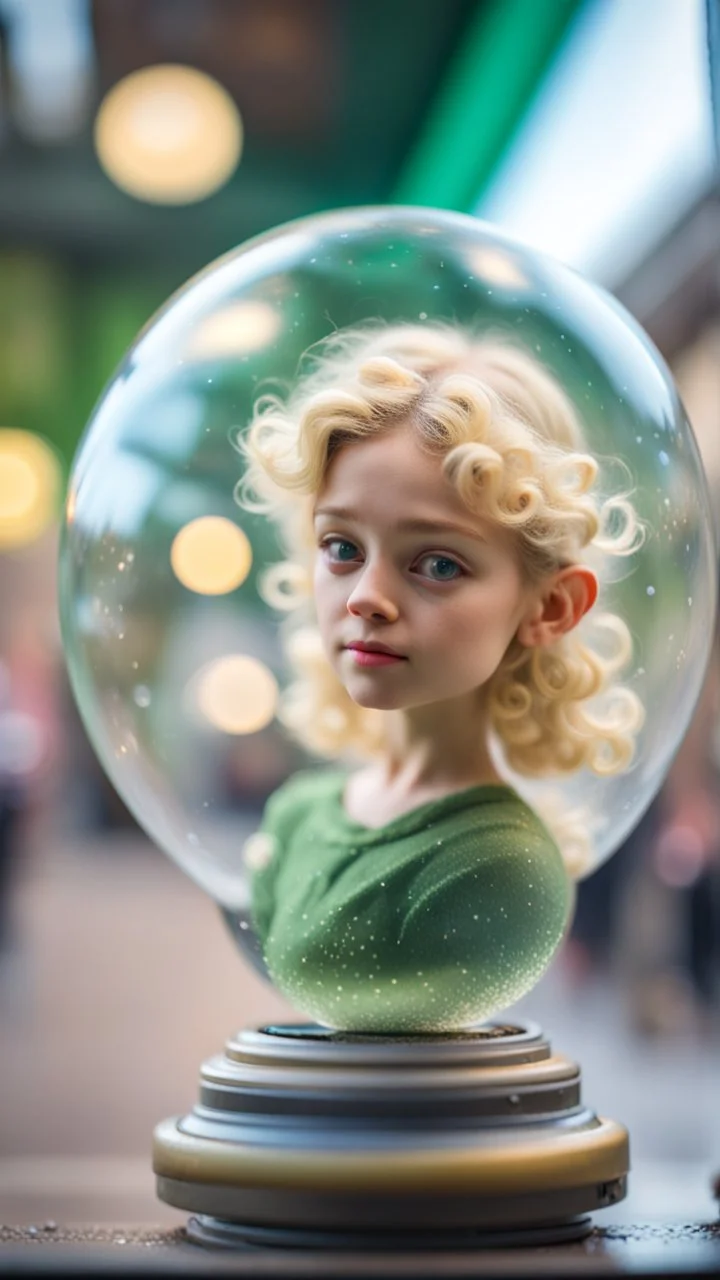 portrait of tiny green winged fairy with blonde swirly hair completly inside crystal ball bubble at the train station,bokeh like f/0.8, tilt-shift lens 8k, high detail, smooth render, down-light, unreal engine, prize winning