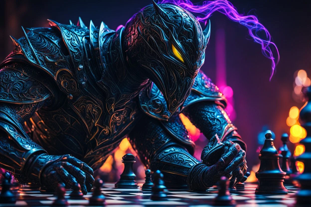 Chess knight symbiote in 8k live action artstyle, close picture, neon effect, intricate details, highly detailed, high details, detailed portrait, masterpiece,ultra detailed, ultra quality